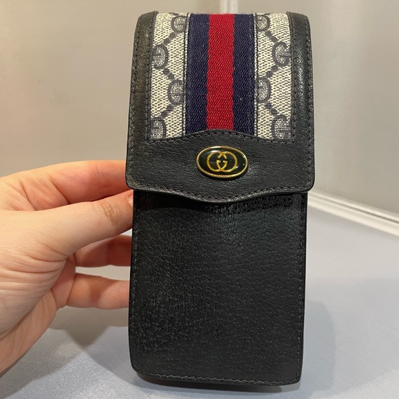 Used Gucci VTG Sherry Lined Stripe Blue Cigarette Pouch Logo Leather Case Auth! - Picture 3 of 16